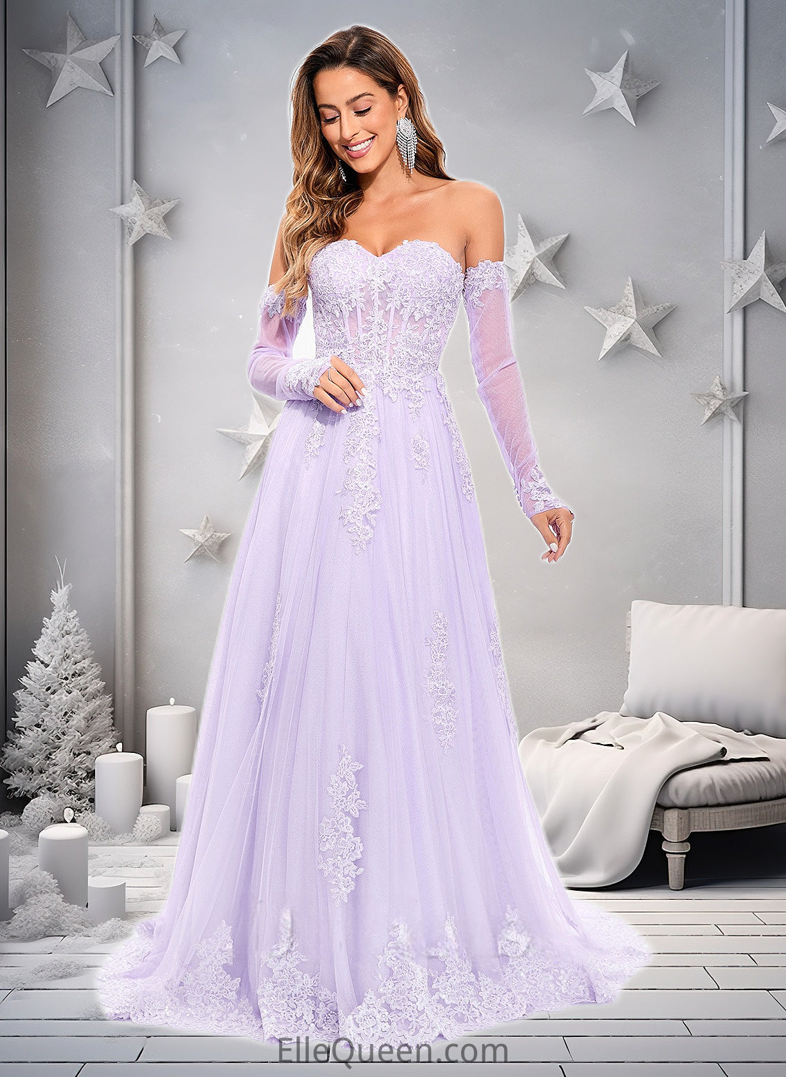 Vivienne A-line Sweetheart Sweep Train Tulle Prom Dresses With Sequins Appliques Lace DGP0025856