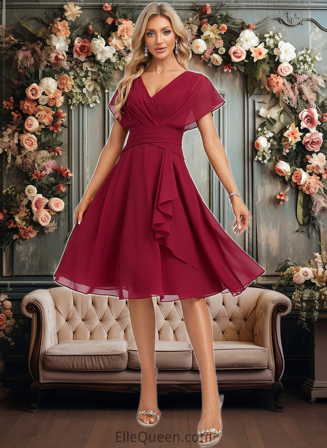 Cindy A-line V-Neck Knee-Length Chiffon Homecoming Dress With Ruffle DGP0025716