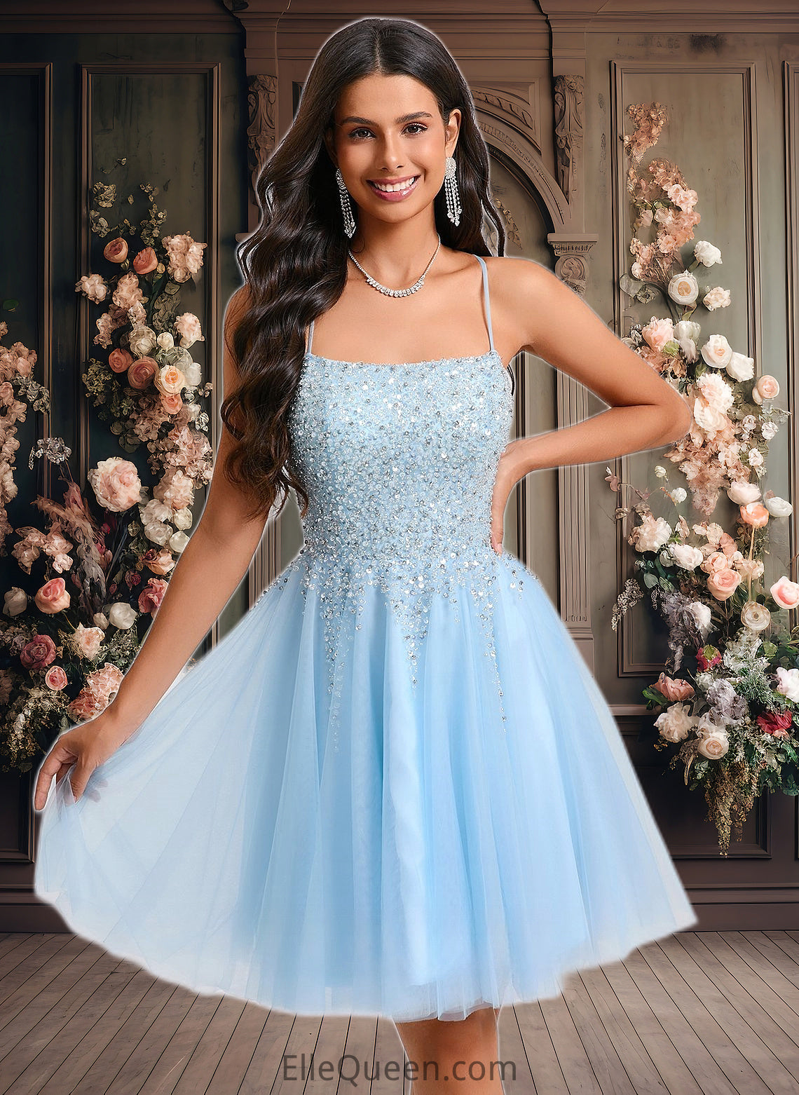 Nita A-line Scoop Short Tulle Sequin Homecoming Dress With Sequins Beading DGP0025706