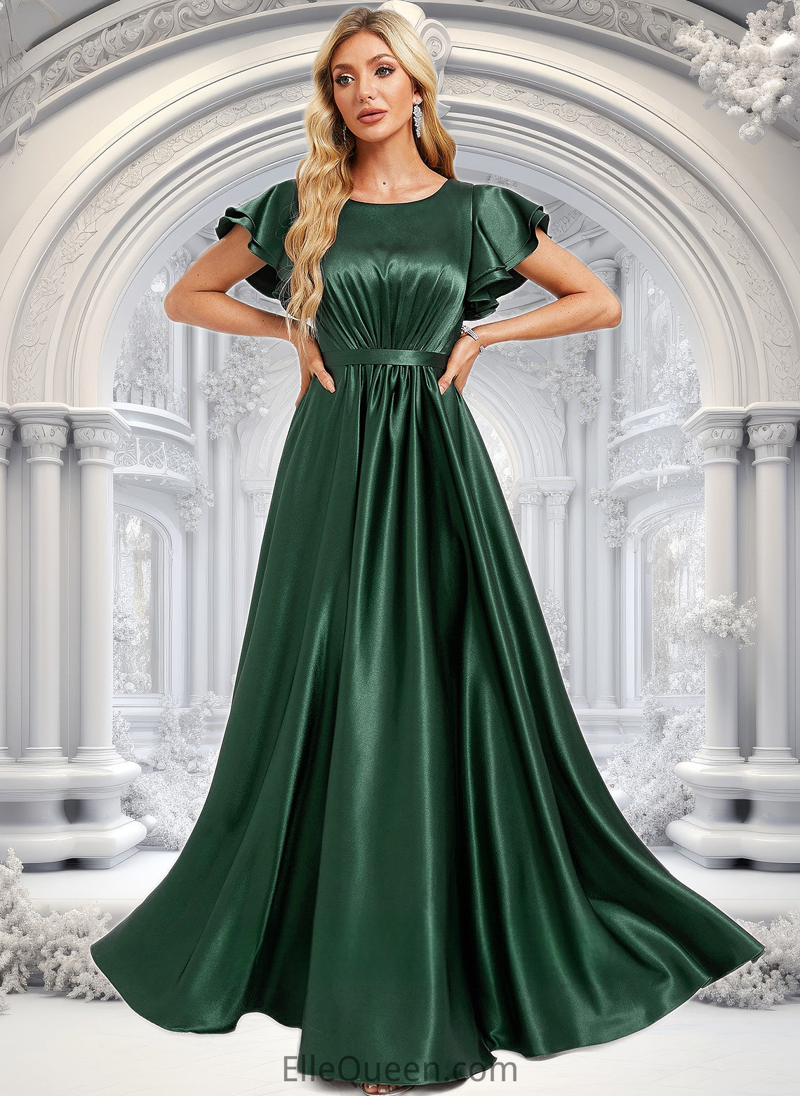 Jillian A-line Scoop Floor-Length Stretch Satin Bridesmaid Dress With Ruffle DGP0025770