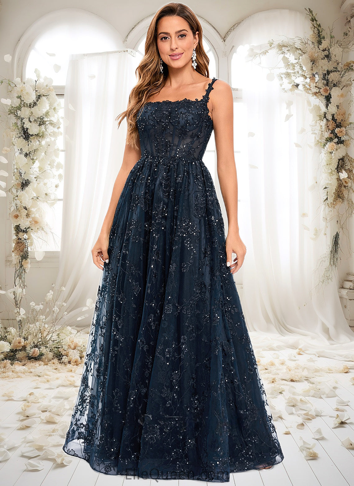 Taryn A-line Square Floor-Length Organza Lace Floral Prom Dresses With Sequins DGP0025844