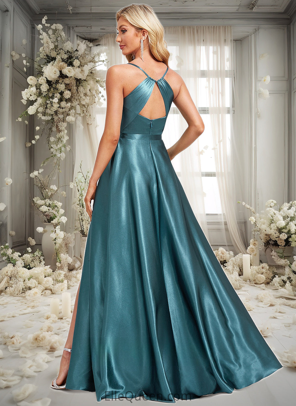 Lainey A-line Cowl Floor-Length Stretch Satin Bridesmaid Dress With Ruffle DGP0025781