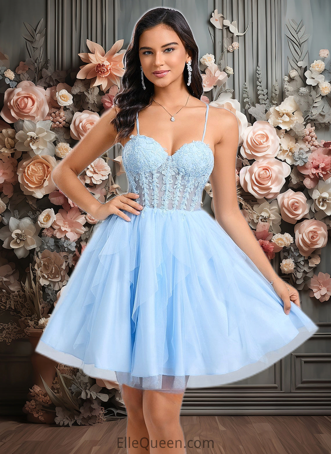 Evelyn Ball-Gown/Princess Sweetheart Short Lace Tulle Homecoming Dress With Ruffle DGP0025707