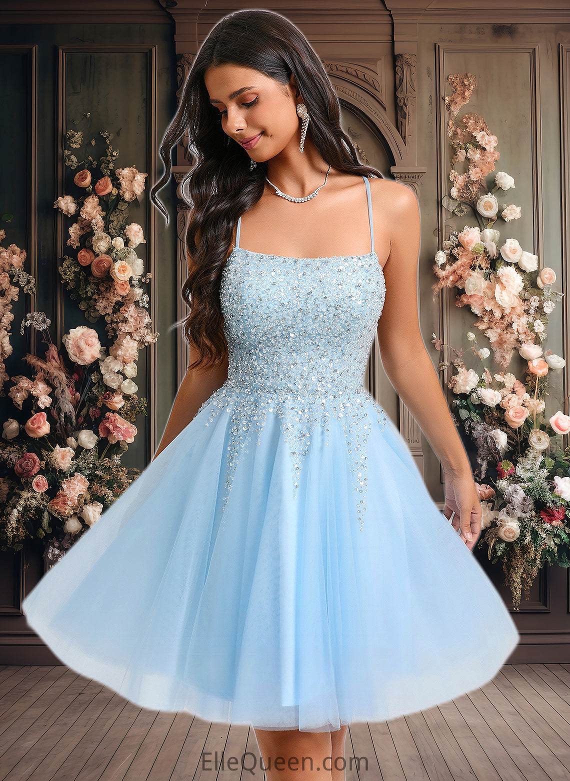 Nita A-line Scoop Short Tulle Sequin Homecoming Dress With Sequins Beading DGP0025706