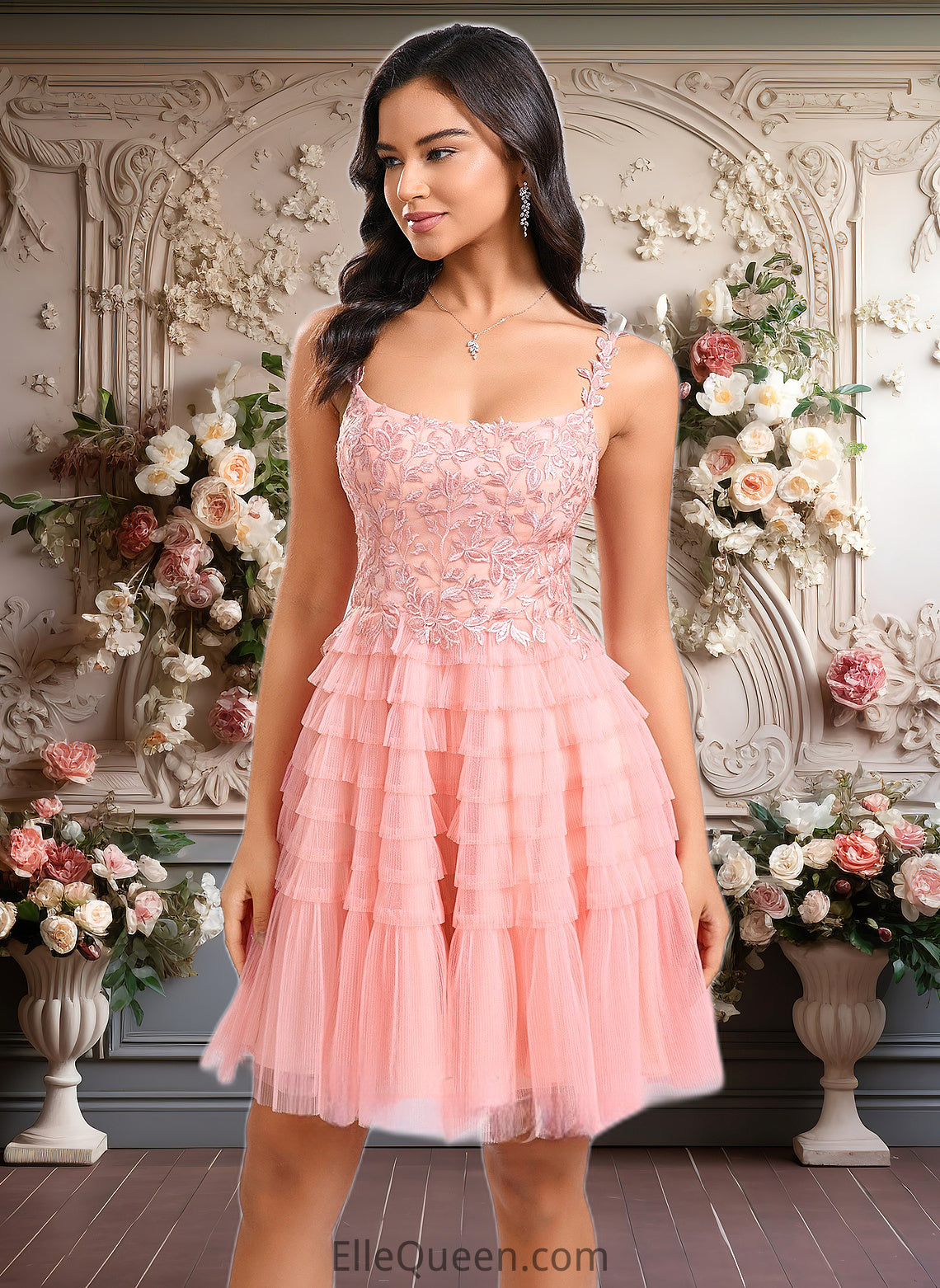 Moriah Ball-Gown/Princess Scoop Short Tulle Lace Homecoming Dress With Ruffle DGP0025676