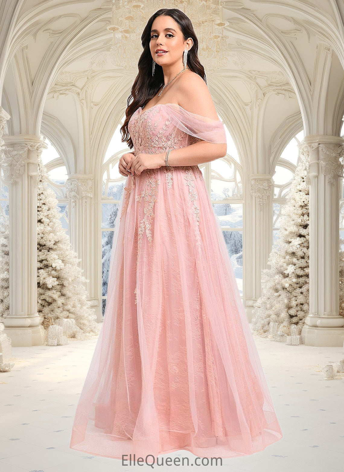 Esmeralda A-line Sweetheart Off the Shoulder Floor-Length Tulle Floral Lace Prom Dresses With Appliques Lace DGP0025870