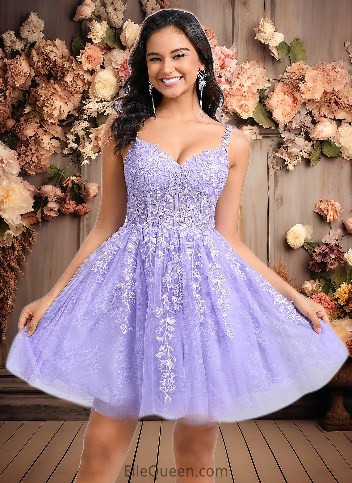 India A-line V-Neck Short Tulle Lace Homecoming Dress DGP0025640