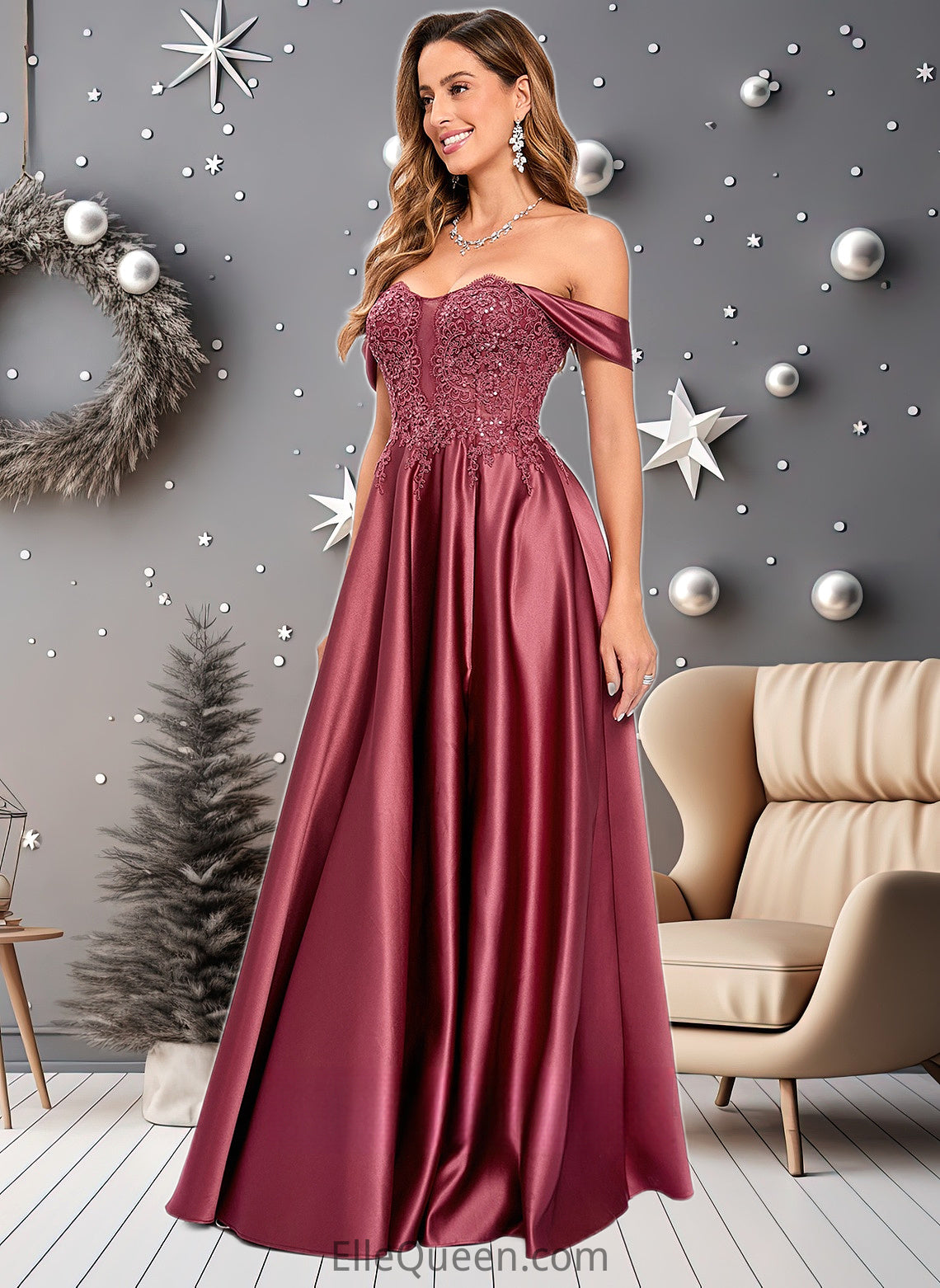 Jazmyn A-line Off the Shoulder Floor-Length Satin Lace Prom Dresses With Sequins DGP0025841