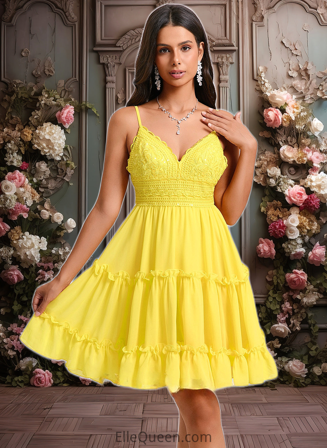 Deja A-line V-Neck Short Chiffon Homecoming Dress With Ruffle Sequins DGP0025700