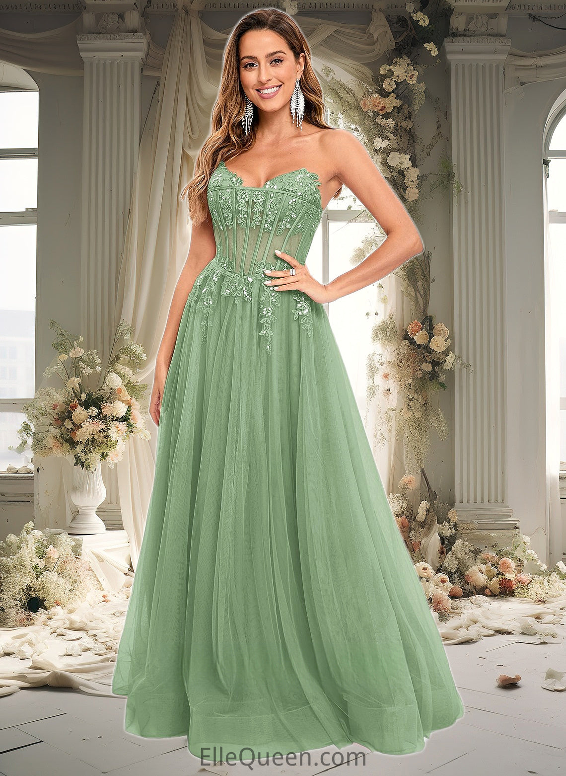 Madelynn Ball-Gown/Princess V-Neck Floor-Length Tulle Prom Dresses With Sequins Appliques Lace DGP0025837