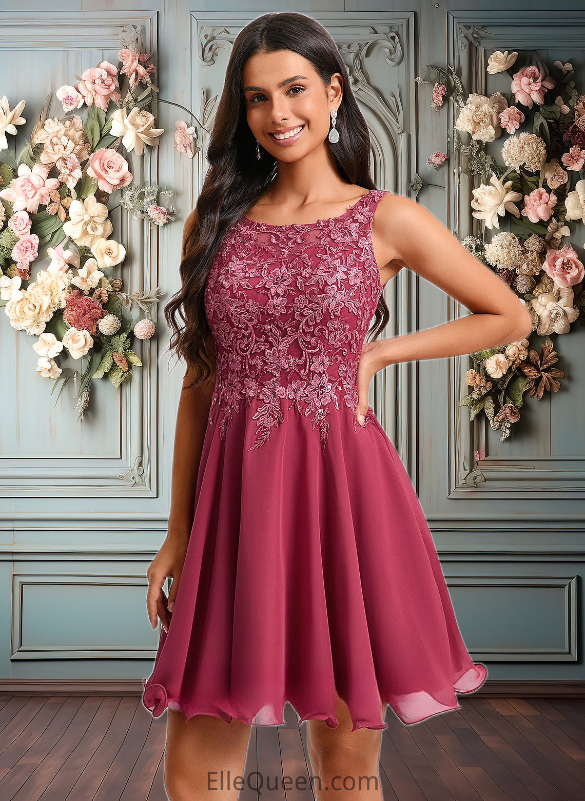 Samantha A-line Scoop Short Chiffon Homecoming Dress With Sequins Appliques Lace DGP0025681