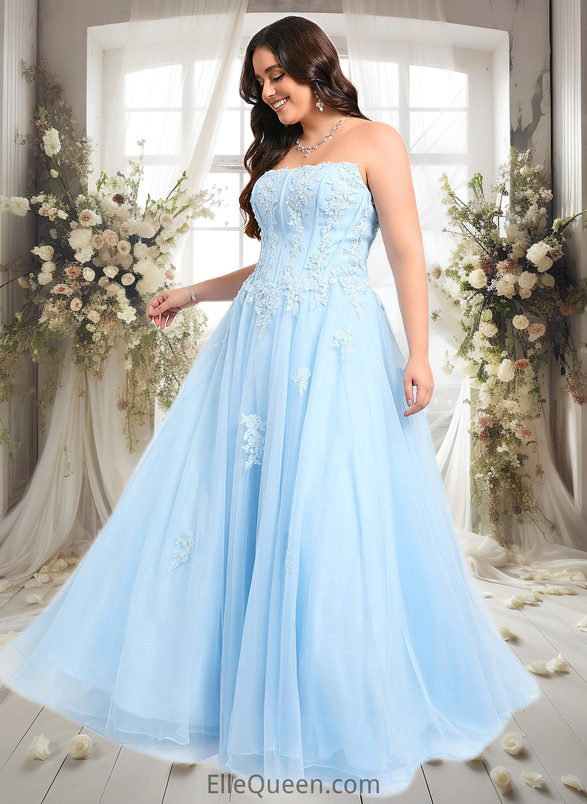 Brianna Ball-Gown/Princess Straight Sweep Train Tulle Prom Dresses With Sequins Appliques Lace DGP0025864