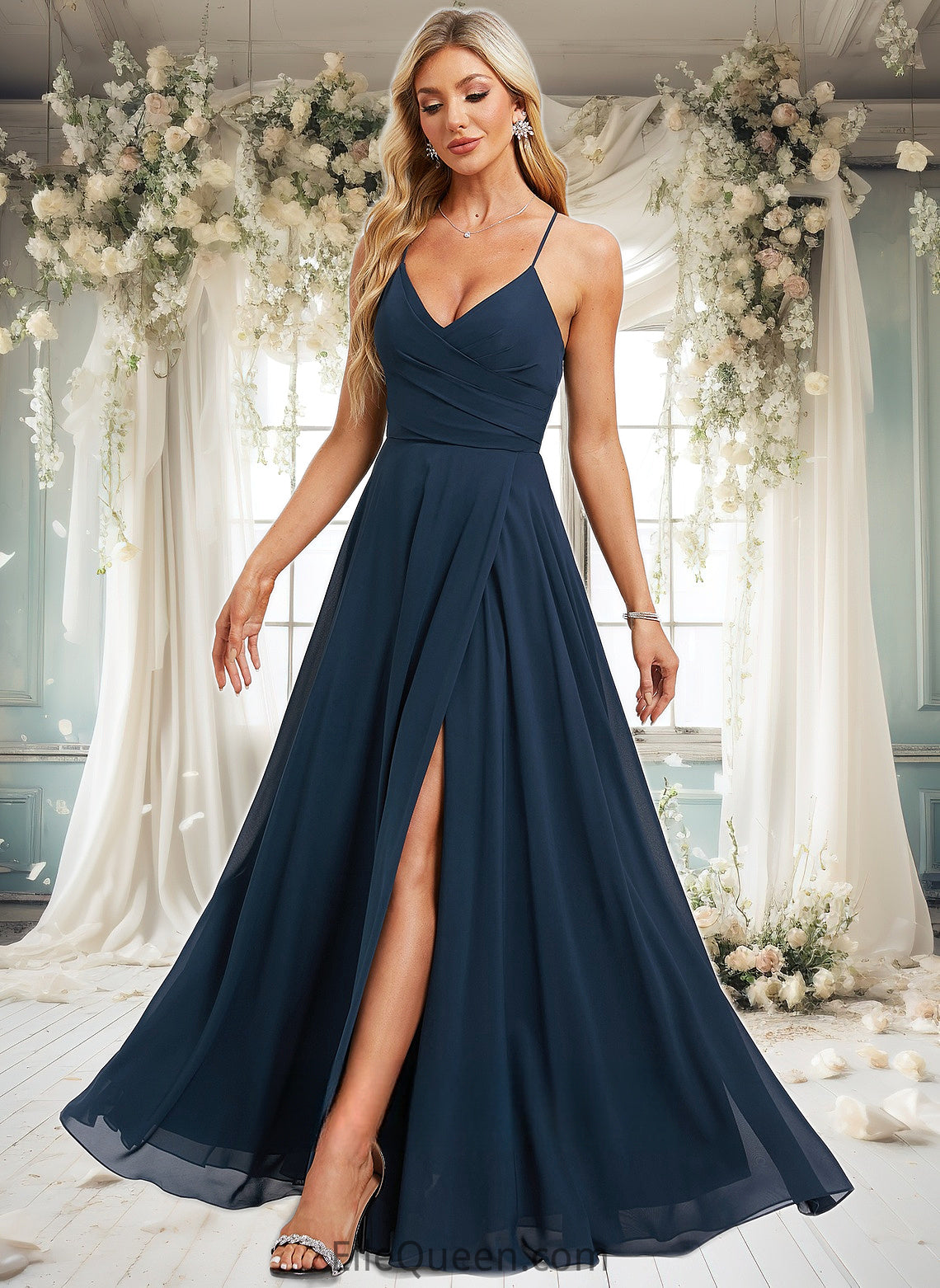 Reagan A-line V-Neck Floor-Length Chiffon Prom Dresses With Pleated DGP0025830