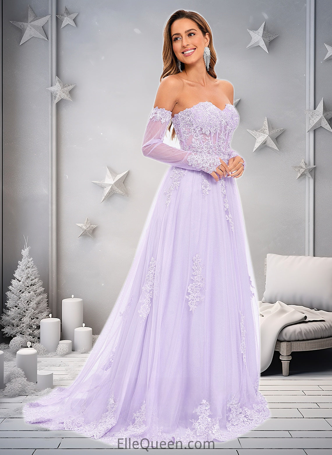 Vivienne A-line Sweetheart Sweep Train Tulle Prom Dresses With Sequins Appliques Lace DGP0025856