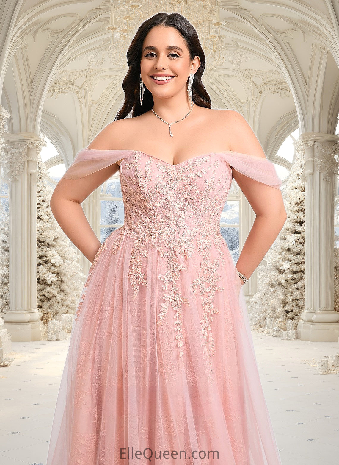 Esmeralda A-line Sweetheart Off the Shoulder Floor-Length Tulle Floral Lace Prom Dresses With Appliques Lace DGP0025870