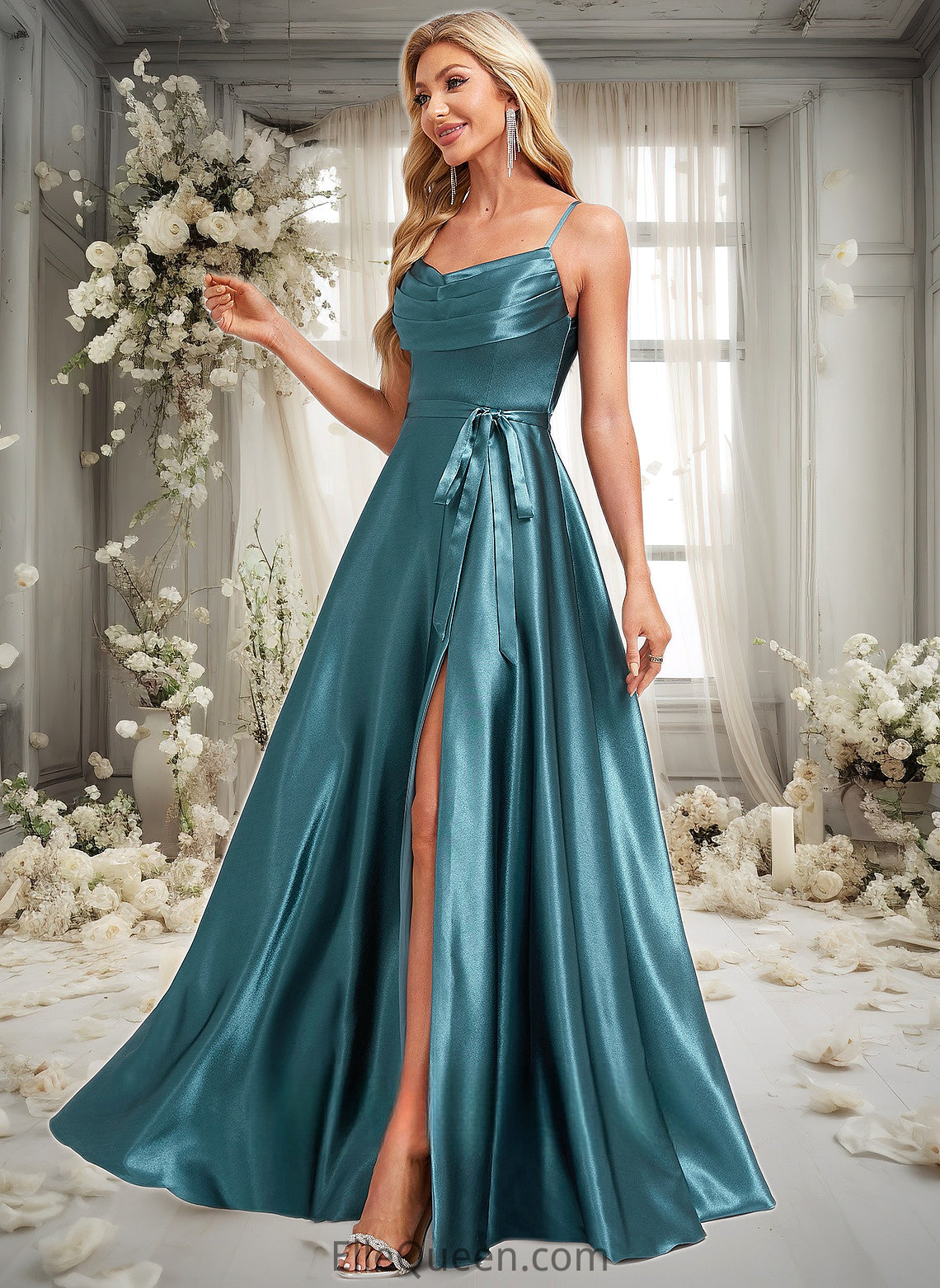 Lainey A-line Cowl Floor-Length Stretch Satin Bridesmaid Dress With Ruffle DGP0025781