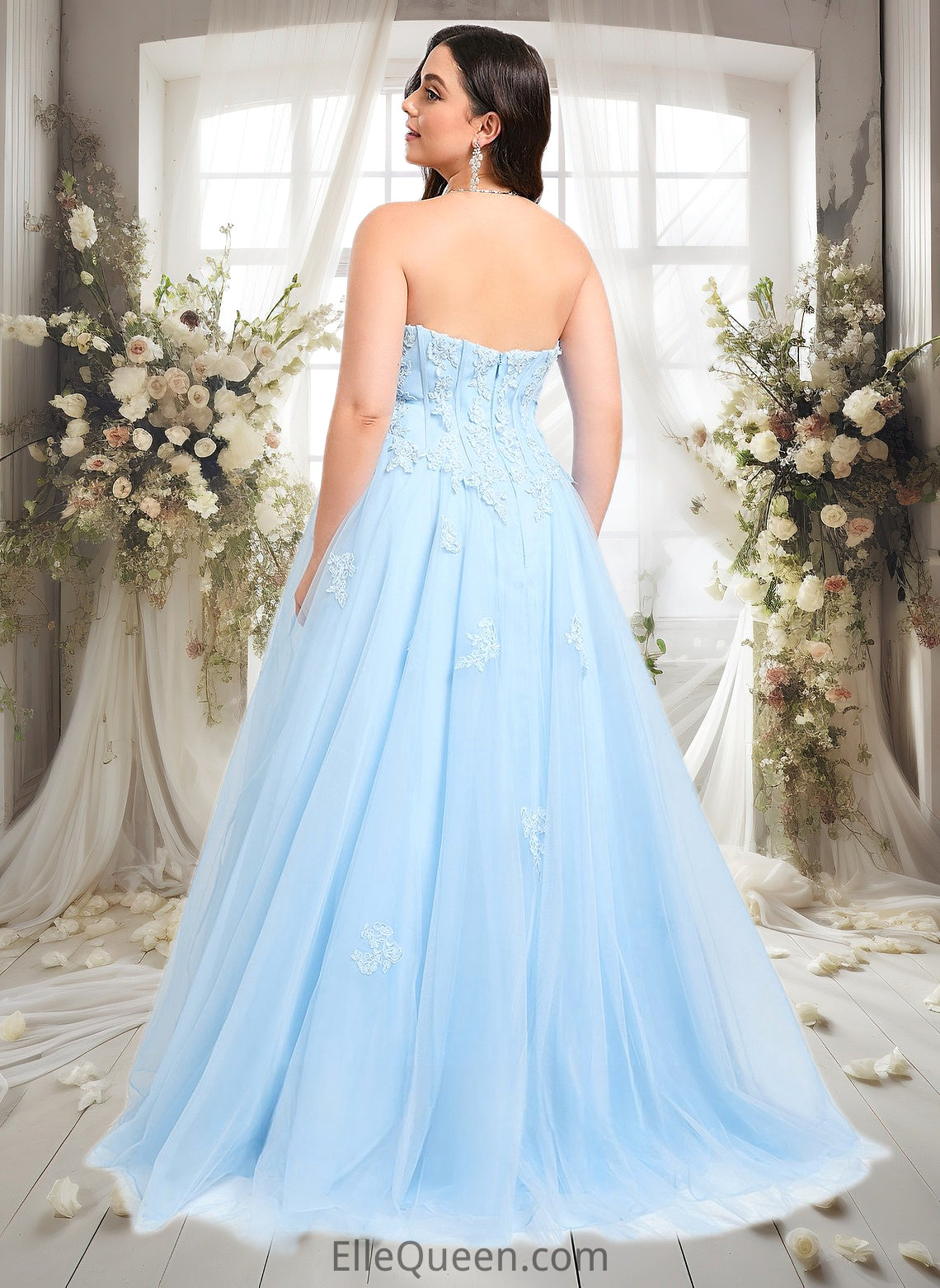 Brianna Ball-Gown/Princess Straight Sweep Train Tulle Prom Dresses With Sequins Appliques Lace DGP0025864