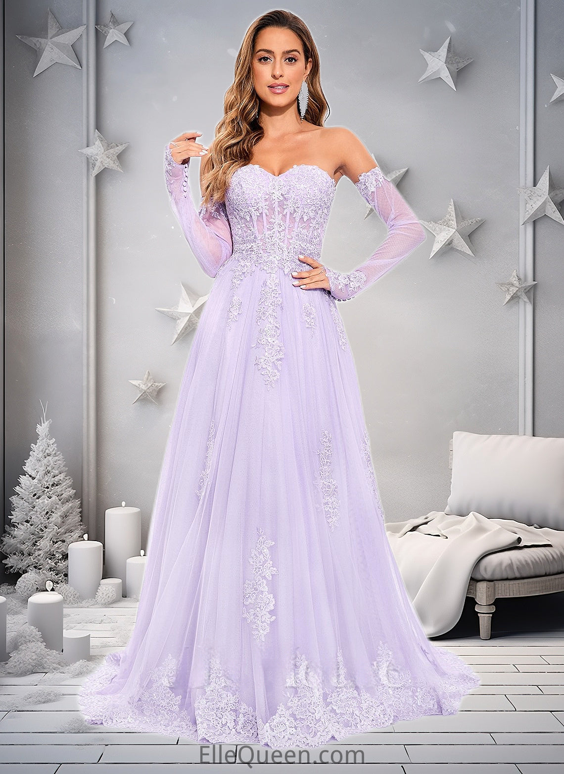 Vivienne A-line Sweetheart Sweep Train Tulle Prom Dresses With Sequins Appliques Lace DGP0025856