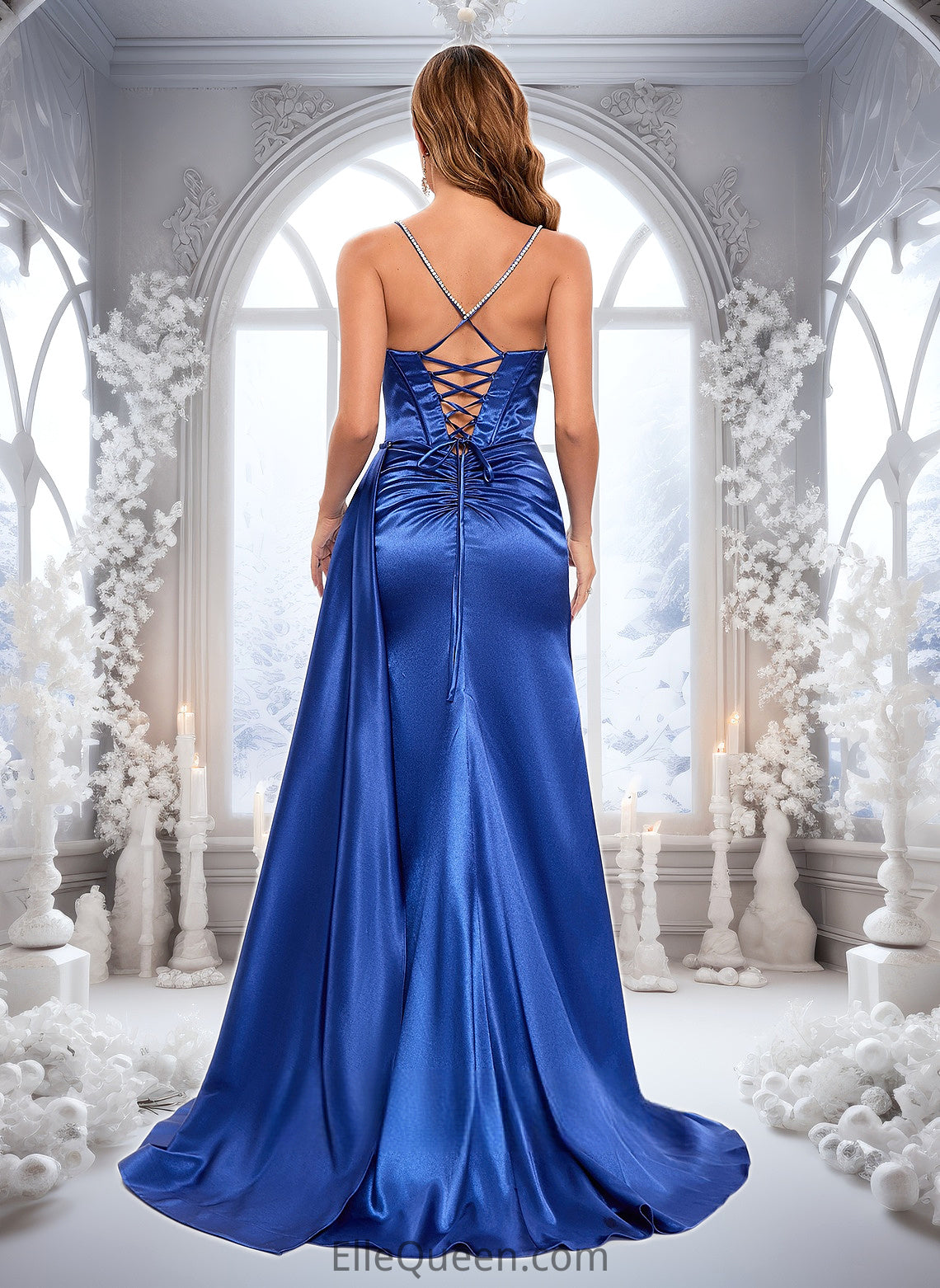 Lorena Trumpet/Mermaid Straight Sweep Train Stretch Satin Prom Dresses With Rhinestone DGP0025861