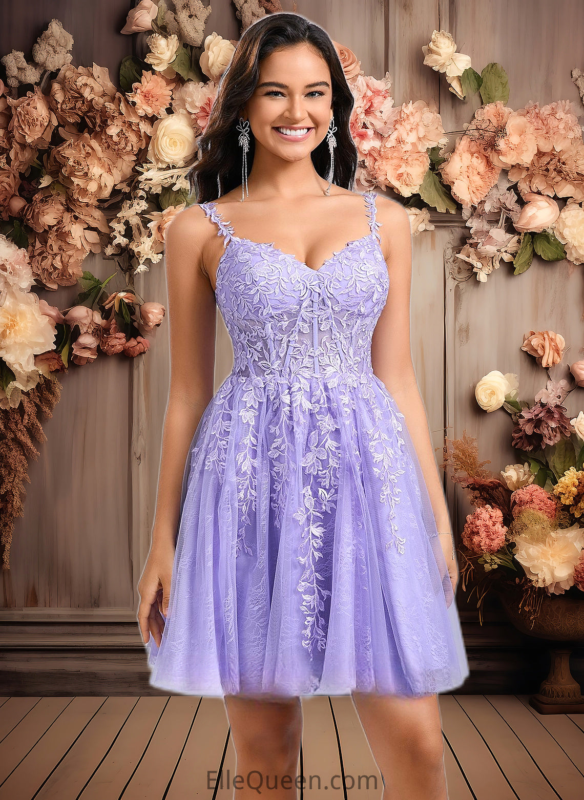 India A-line V-Neck Short Tulle Lace Homecoming Dress DGP0025640