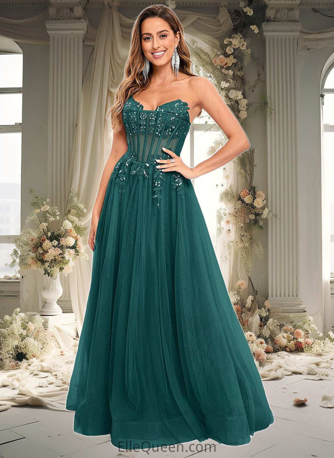 Madelynn Ball-Gown/Princess V-Neck Floor-Length Tulle Prom Dresses With Sequins Appliques Lace DGP0025837