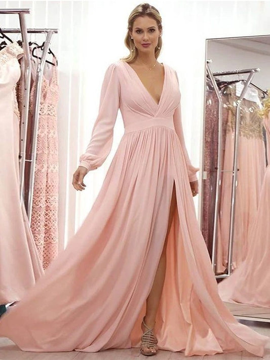 Aryanna A-Line/Princess Chiffon Ruffles V-neck Long Sleeves Sweep/Brush Train Mother of the Bride Dresses DGP0020429