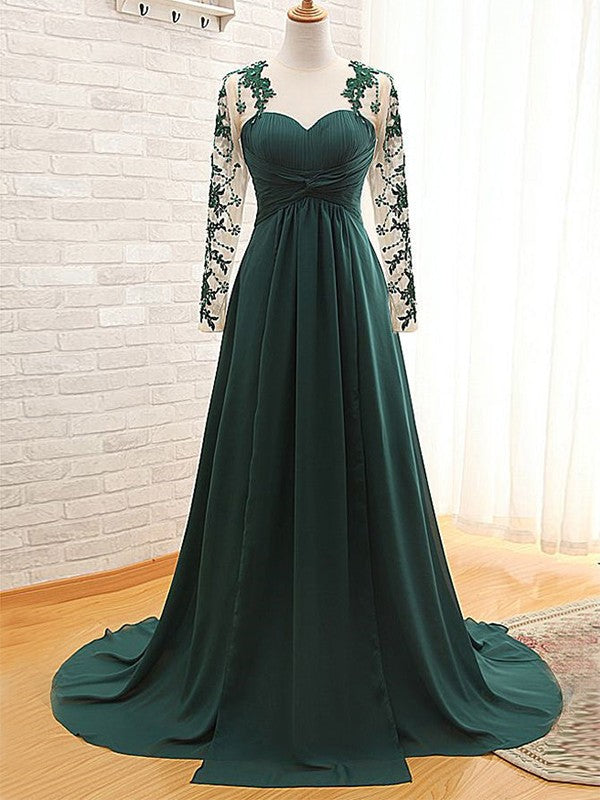 Hazel A-Line/Princess Chiffon Applique Sweetheart Long Sleeves Sweep/Brush Train Mother of the Bride Dresses DGP0020438