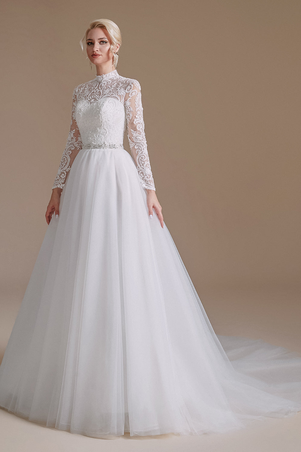 A-Line Lace Appliques Long Sleeve Tulle Chapel Train Wedding Dresses