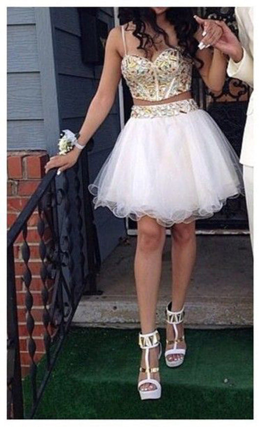 Spaghetti Straps Rhinestone Organza Two Pieces A Line Homecoming Dresses Giada White Sweetheart