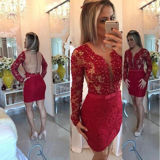 Long Sleeve Patsy Homecoming Dresses Lace Scoop Sheath Burgundy Sheer Back Beading Short