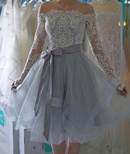 A Line Serena Lace Homecoming Dresses Off The Shoulder Long Sleeve Organza Lavender Bowknot