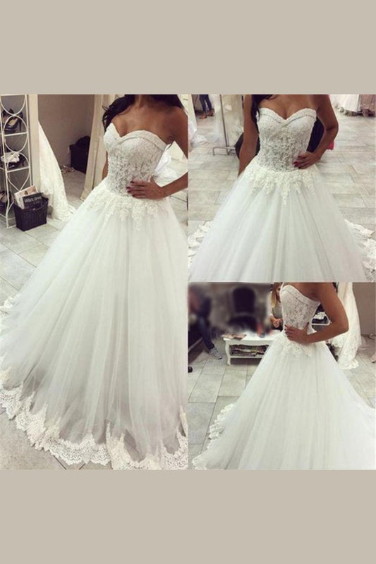 2024 Sweetheart Wedding Dresses A Line Tulle With Applique Chapel Train