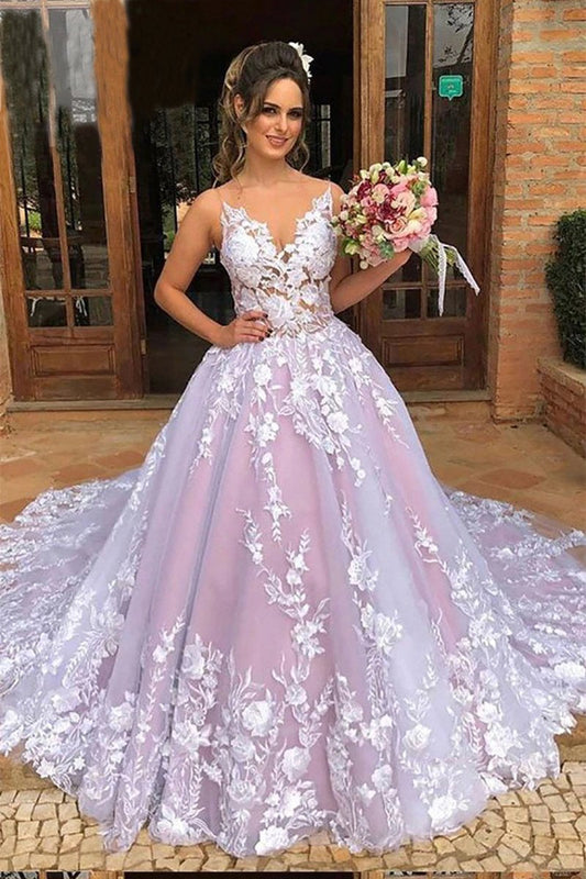 Ball Gown Spaghetti Straps V Neck Tulle Prom Dresses with Applique, Pink Wedding Dresses SRS15069