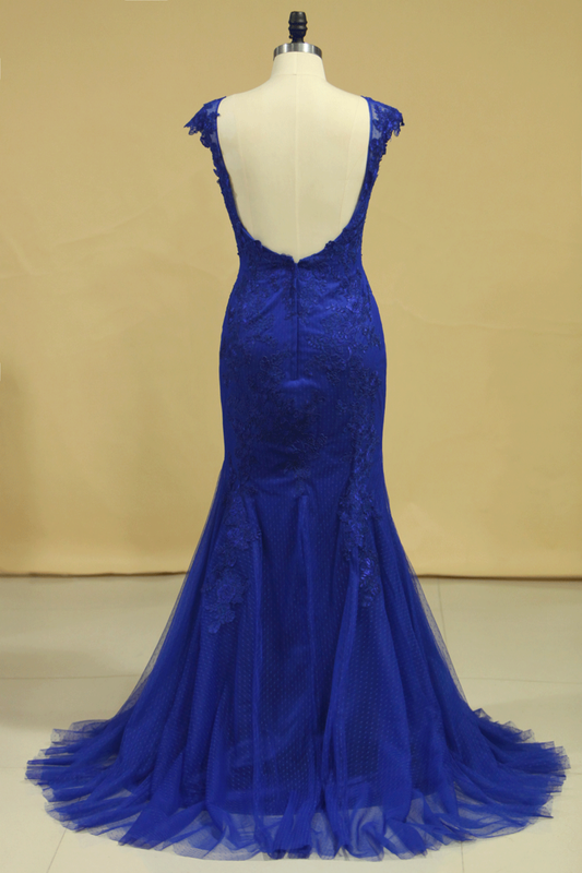 2024 Plus Size Mermaid Open Back Evening Dresses Bateau Tulle With Applique Dark Royal Blue