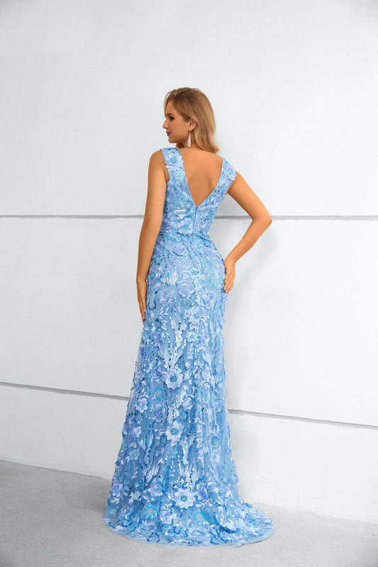 Blue V Neck Sleeveless Lace Long Mermaid Prom Dresses