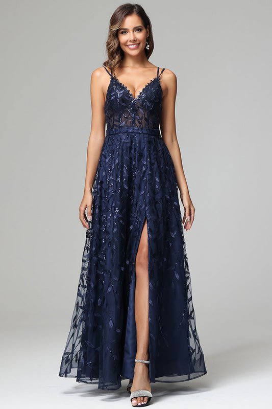 A-line Dark Navy Spaghetti Straps V-neck Lace Wedding Guest Dresses