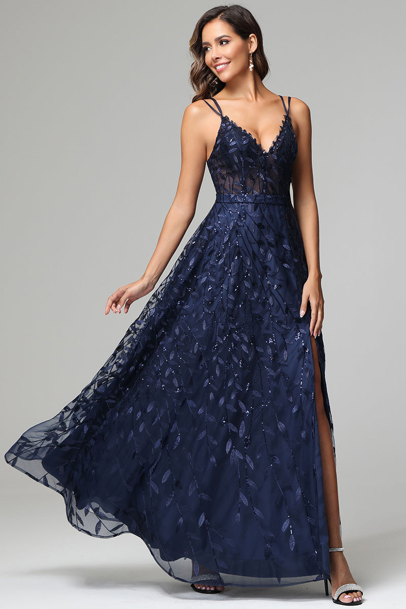 A-line Dark Navy Spaghetti Straps V-neck Lace Wedding Guest Dresses