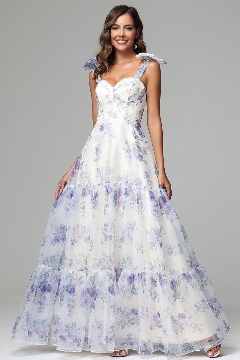 Elegant Straps Sweetheart Floral Printed Dresses for Wedding Guest