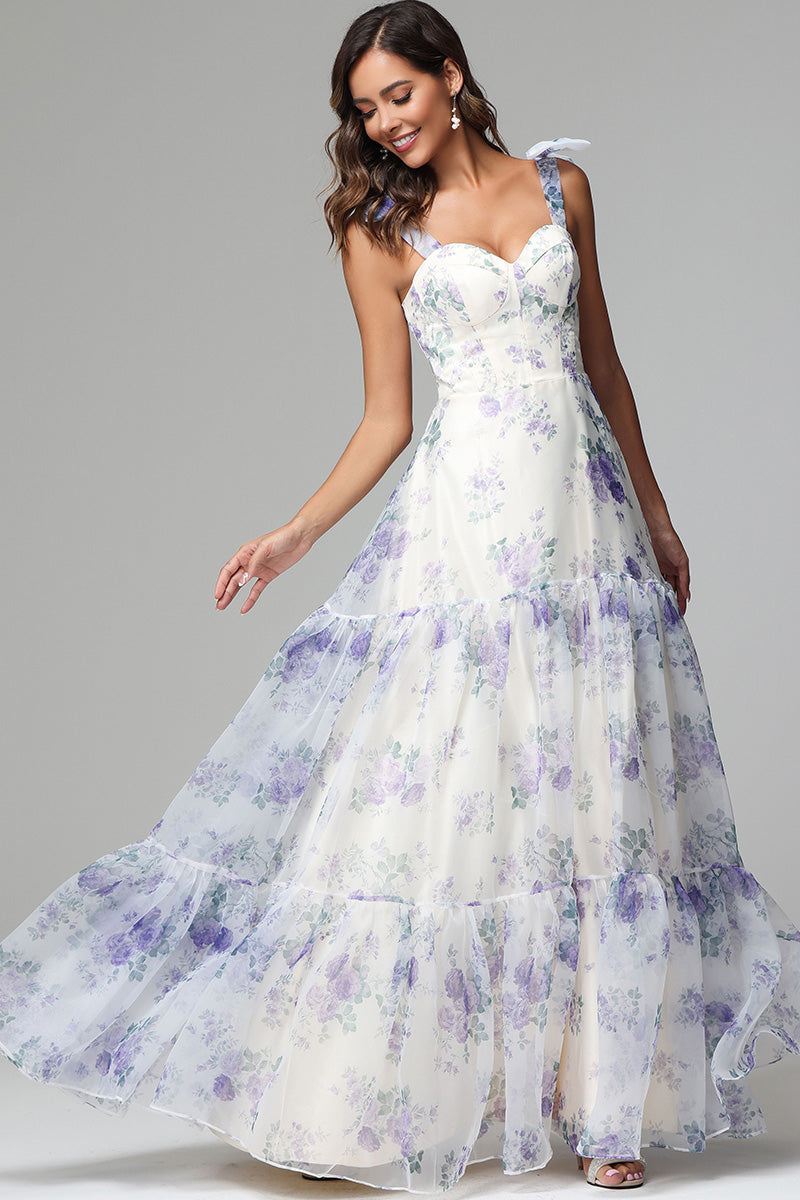 Elegant Straps Sweetheart Floral Printed Dresses for Wedding Guest