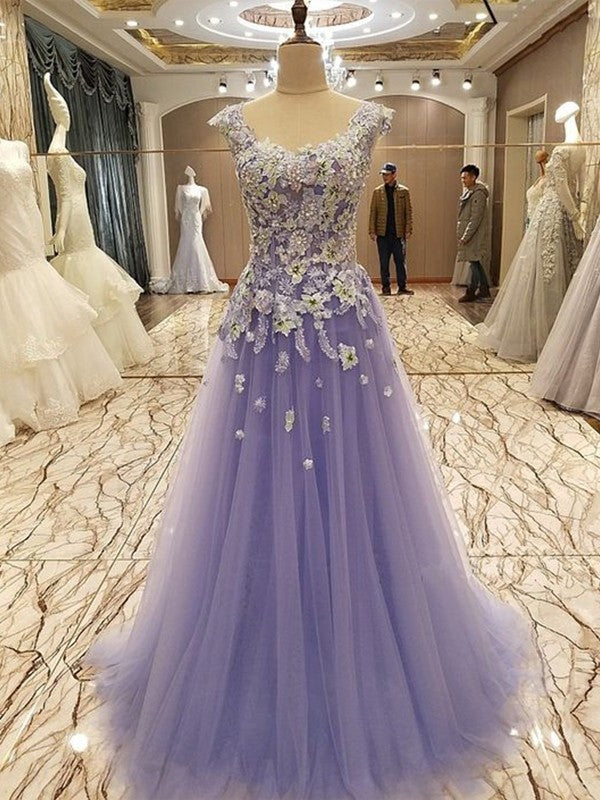 Floor-Length Scoop Sleeveless A-Line/Princess Applique Tulle Dresses