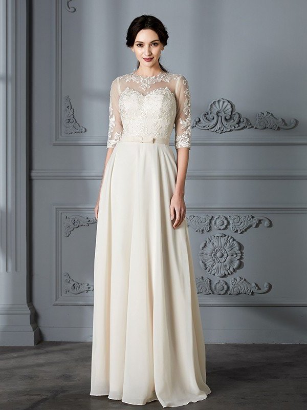 Scoop A-Line/Princess 1/2 Sleeves Floor-Length Chiffon Wedding Dresses