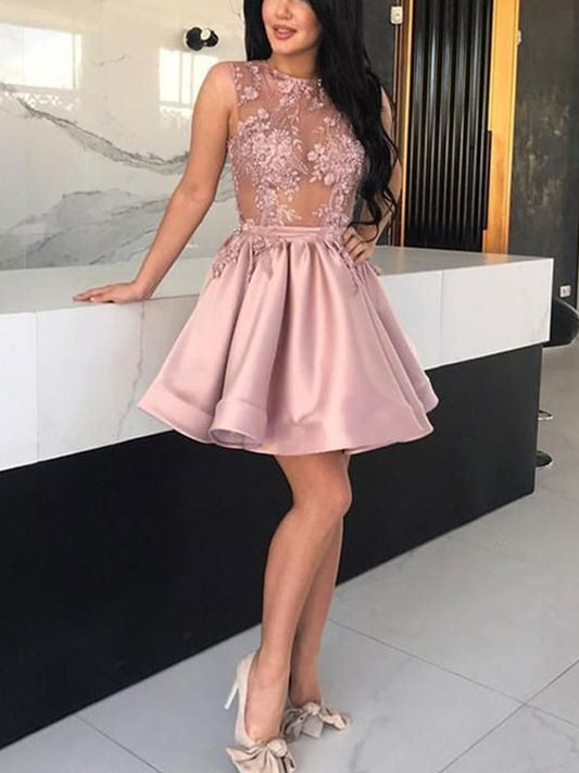 A-Line/Princess Neck Satin Sheer Sleeveless Applique Short/Mini Homecoming Dresses