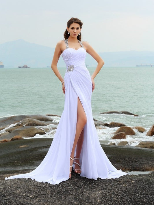 Long Straps Beading Chiffon Sheath/Column Sleeveless Beach Wedding Dresses