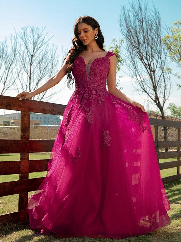 A-Line/Princess V-neck Applique Tulle Sleeveless Floor-Length Dresses