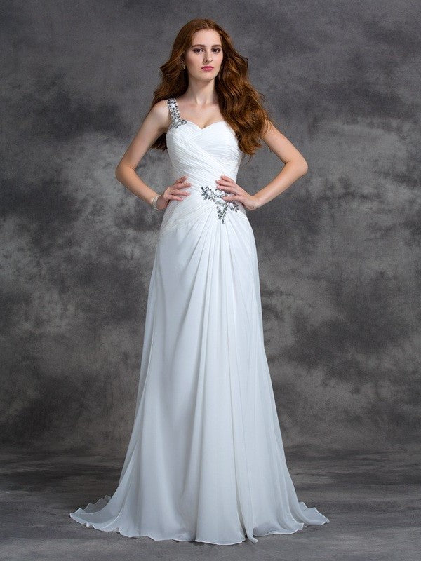 Beading One-Shoulder Sleeveless A-line/Princess Long Chiffon Dresses