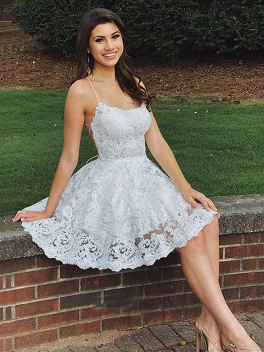 Sleeveless Straps Lace Applique Spaghetti A-Line/Princess Short/Mini Homecoming Dress