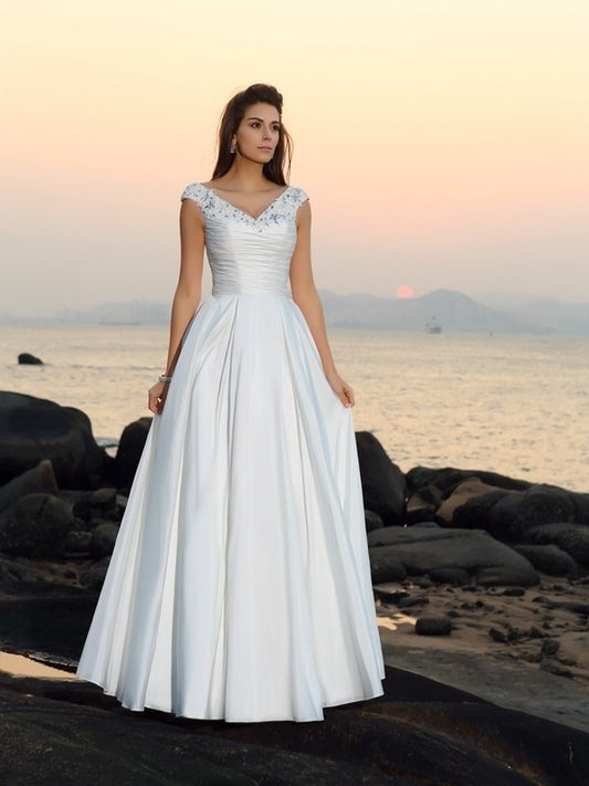 A-Line/Princess Long Sleeveless Taffeta V-neck Beading Beach Wedding Dresses