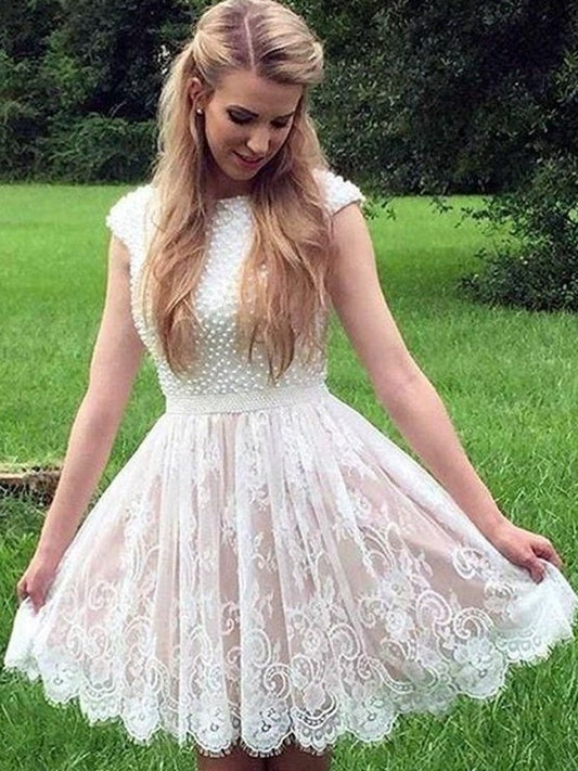 Sleeveless A-Line/Princess Sheer Pearls Neck Lace Short/Mini Homecoming Dress