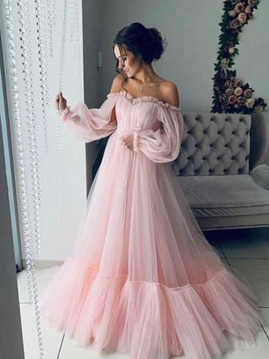 Applique A-Line/Princess Long Off-the-Shoulder Tulle Sleeves Floor-Length Dresses