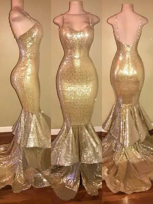 Train Sleeveless Spaghetti Trumpet/Mermaid Sweep/Brush Straps Sequins Ruffles Dresses